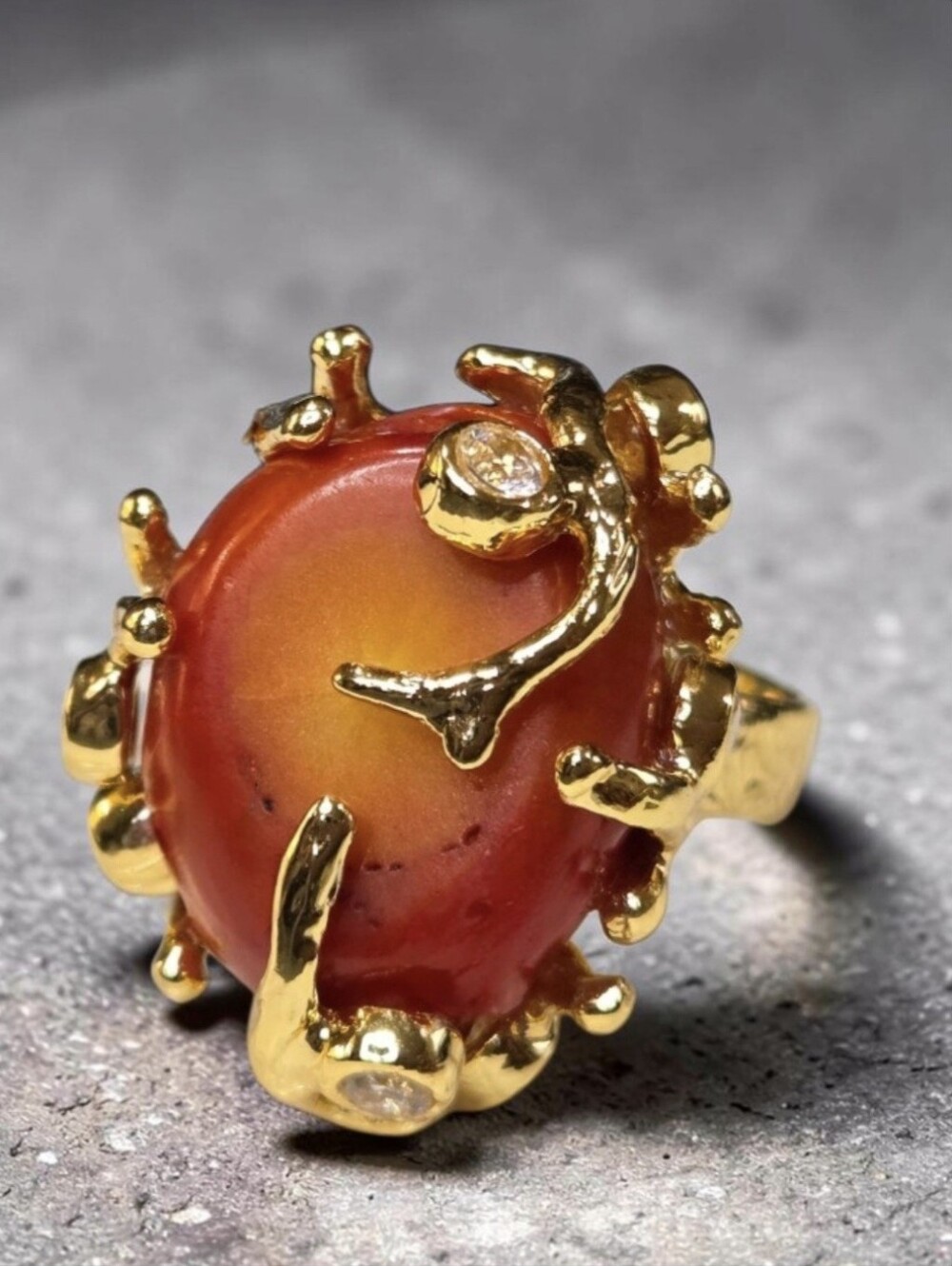 18k Gold Plated Artisan Genuine Coral Caged Crystal Oversized Statement Ring
